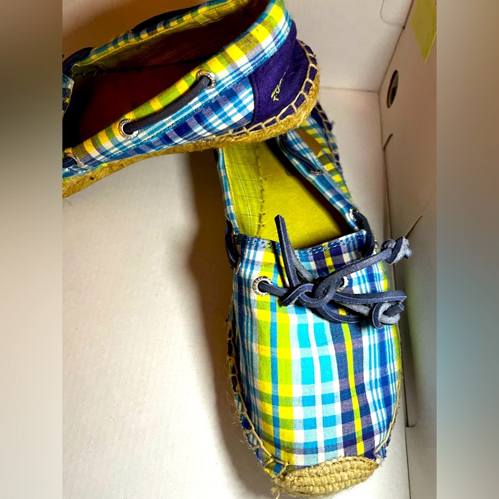 Sperry Top-Sider, blue/green plaid, size 7, fair condition